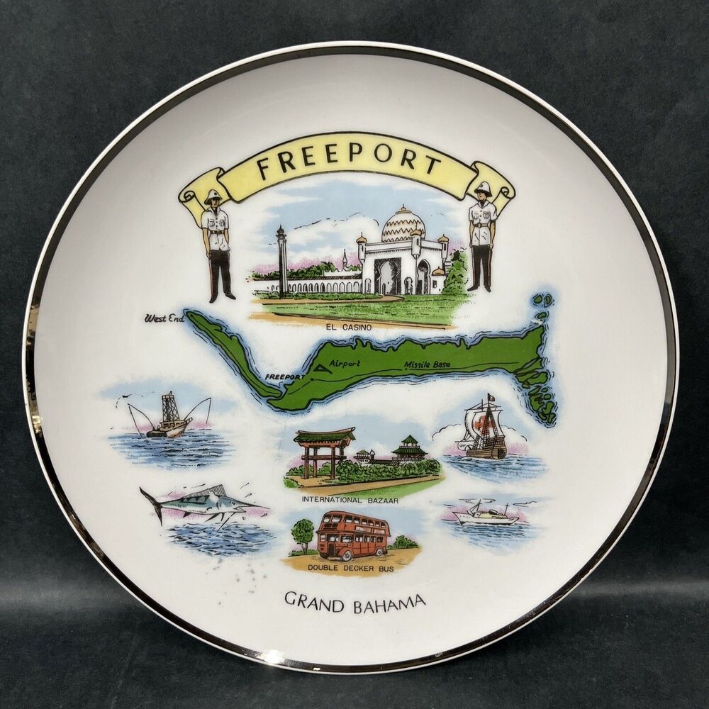 VTG Souvenir “Freeport, Grand Bahama” Collectible Plate Travel Map 10.25”